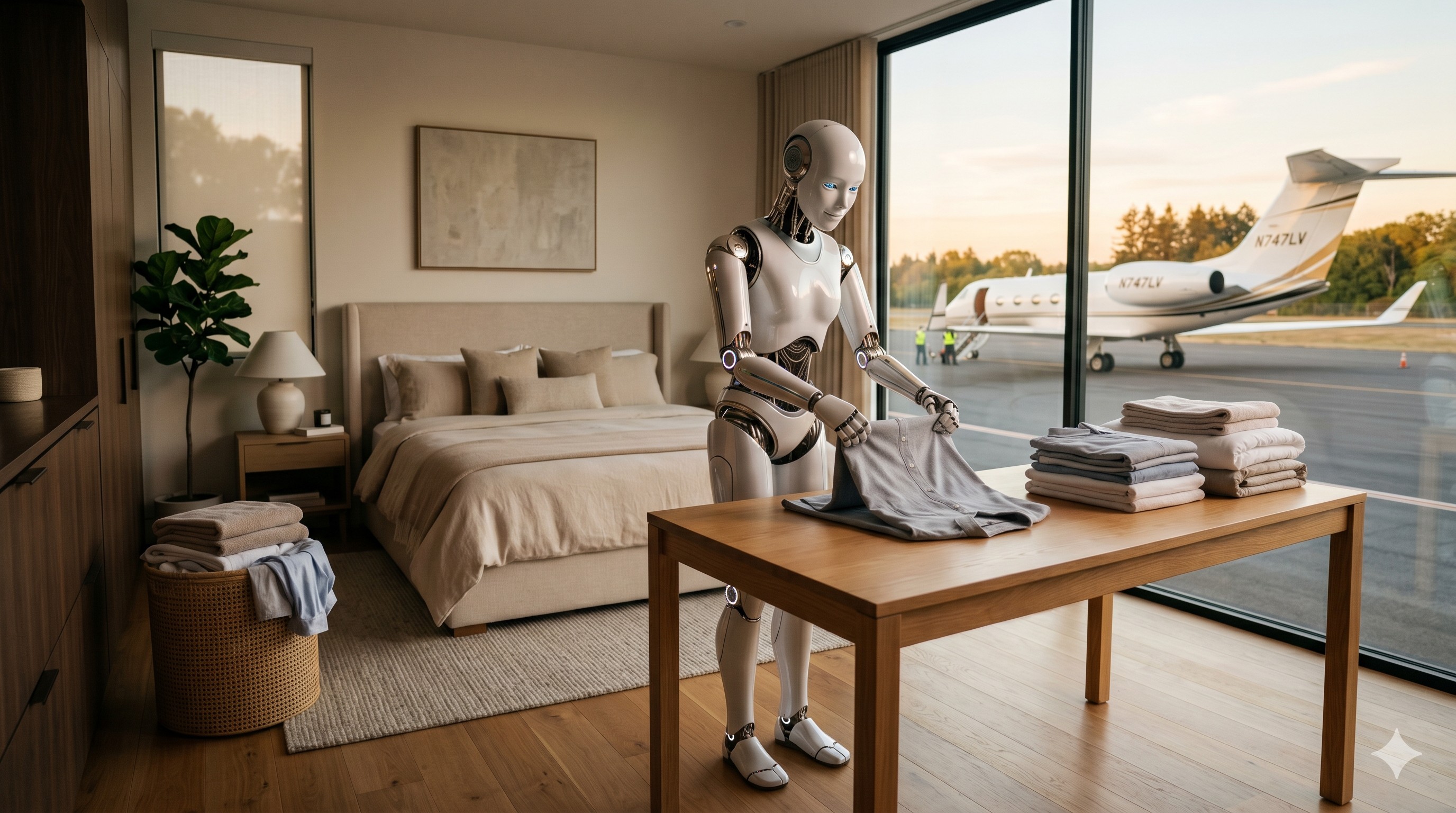 Physical AI — Humanoid folding laundry, private jet in background
